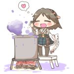  1girl blush_stickers brown_hair chibi closed_eyes cooking cooking_pot detached_sleeves heart hiei_(kantai_collection) inishie kantai_collection ladle nontraditional_miko open_mouth pantyhose plaid short_hair sleeves_past_wrists smoke solo stirring wide_sleeves 