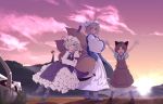  3girls animal_ears arm_ribbon blonde_hair bow brown_hair cat_ears chen chin_rest clouds dress fox_tail frilled_dress frills gap hat hat_ribbon hat_with_ears hayate-s highres jewelry long_hair long_sleeves looking_at_viewer looking_to_the_side mountain multiple_girls multiple_tails one_eye_closed orange_eyes purple_sky ribbon shoes short_hair short_sleeves single_earring sitting standing sunset tabard tail touhou violet_eyes wide_sleeves yakumo_ran yakumo_yukari yellow_eyes 