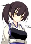 1girl brown_hair bust dated japanese_clothes jougen kaga_(kantai_collection) kantai_collection muneate short_hair short_ponytail side_ponytail smile solo twitter_username white_background yellow_eyes 