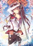  1girl arms_up black_legwear blue_sky brown_eyes brown_hair cherry_blossoms clouds detached_sleeves flower hair_flower hair_ornament highres kantai_collection long_hair long_sleeves looking_at_viewer neckerchief petals polearm school_uniform serafuku shirt skirt sky smile solo takitou thighhigh_dangle thighhighs very_long_hair weapon yamato_(kantai_collection) zettai_ryouiki 