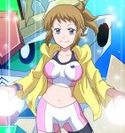  1girl bike_shorts blue_eyes brown_hair gundam gundam_build_fighters gundam_build_fighters_try hoodie hoshino_fumina jacket jimauso mecha midriff navel ponytail smile solo sports_bra winning_gundam 