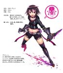  1girl black_hair character_name character_profile gauntlets gia highres midriff original short_hair shorts solo thigh-highs translation_request violet_eyes weapon 