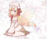  1girl blonde_hair blue_eyes bow capelet dress fairy_wings hair_bow hat highres lily_white long_hair long_sleeves low-tied_long_hair silver_hair solo touhou very_long_hair white_dress wide_sleeves wings yutamaro 