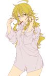  1girl ahoge blonde_hair breasts cleavage green_eyes hoshii_miki idolmaster jaguchi_(bbbing) long_hair looking_at_viewer messy_hair mouth_hold naked_shirt oversized_clothes shirt solo toothbrush 