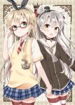  2girls amatsukaze_(kantai_collection) aqua_eyes glasses holding_hands kantai_collection long_hair miniskirt multiple_girls necktie shimakaze_(kantai_collection) silver_hair yoshikita_popuri zettai_ryouiki 