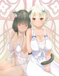  2girls animal_ears babydoll black_hair blonde_hair blush bow breasts cat_ears cat_tail cleavage closed_eyes dark_skin hair_bow holding_hands lace_panties large_breasts light_smile long_hair multiple_girls navel nightgown original panties pointy_ears red_eyes revision short_hair simple_background sitting smile string_panties tail underwear white_background white_panties yaman_(yamanta_lov) 