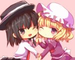  2girls :/ black_eyes black_hair blonde_hair bow bust cheek-to-cheek chibi dress dress_shirt hair_bow hat holding_hands interlocked_fingers juliet_sleeves long_sleeves looking_at_viewer maribel_hearn mob_cap multiple_girls necktie one_eye_closed open_mouth payot pink_background puffy_sleeves sakuzora sash shirt short_hair simple_background sketch touhou usami_renko violet_eyes 