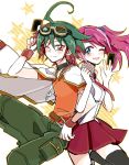  1boy 1girl back-to-back blue_eyes card goggles goggles_on_head green_hair hiiragi_yuzu holding holding_card jacket_on_shoulders jewelry multicolored_hair necktie one_eye_closed pendant pink_hair popoin red_eyes redhead sakaki_yuuka smile t-shirt thigh-highs yuu-gi-ou yuu-gi-ou_arc-v 