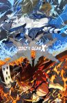  2boys back-to-back blonde_hair brown_hair forehead_protector grin guilty_gear guilty_gear_xrd highres jc ky_kiske long_hair mouth_hold multiple_boys muscle ponytail smile sol_badguy sword weapon 