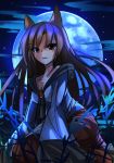  1girl animal_ears breasts brooch brown_eyes brown_hair cleavage collarbone full_moon grass imaizumi_kagerou janne_cherry jewelry long_hair long_sleeves looking_at_viewer moon moonlight night night_sky seiza shirt sitting skirt sky sleeves_past_wrists smile solo touhou white_shirt wolf_ears 