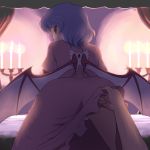  1girl bat_wings bent_over blue_hair candlestand canopy_bed dress dress_lift looking_at_viewer looking_back panties pantyshot pantyshot_(standing) pink_dress pink_panties pov_hands red_eyes remilia_scarlet shirosato standing touhou underwear wings 