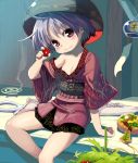  1girl blush bowl hat highres japanese_clothes kimono minigirl needle off_shoulder purple_hair red_eyes sash shope short_hair smile solo sukuna_shinmyoumaru touhou violet_eyes 