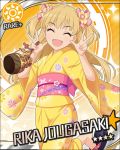  1girl artist_request blonde_hair character_name closed_eyes eyelashes idolmaster idolmaster_cinderella_girls japanese_clothes jougasaki_rika kimono official_art one_eye_closed orange_background sun_(symbol) 