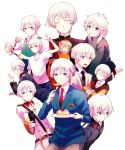  6+boys apron bodysuit cake closed_eyes food gun gym_uniform helmet highres kakumeiki_valvrave l-elf military military_uniform multiple_boys multiple_persona necktie open_mouth priest sana423 school_uniform short_hair silver_hair smile spacesuit spoilers tears uniform v violet_eyes weapon younger 