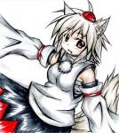  1girl animal_ears bare_shoulders blush breasts detached_sleeves fang hat highres inte_(whitewolftail) inubashiri_momiji looking_at_viewer open_mouth pom_pom_(clothes) red_eyes sarashi short_hair silver_hair simple_background solo tail tokin_hat touhou white_background wolf_ears wolf_tail 