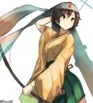  bandana bow_(weapon) brown_eyes brown_hair hiryuu_(kantai_collection) kantai_collection plan_(planhaplalan) short_hair sketch standing twitter_username weapon white_background 