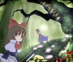  1girl :/ alice_margatroid blue_eyes book bow brown_hair hair_bow hair_ornament hair_ribbon hairband hasegawa_keita long_hair looking_at_viewer mushroom ribbon shanghai_doll short_hair touhou tree 