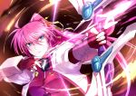  1girl arrow blue_eyes bow_(weapon) hair_ribbon levantine long_hair lyrical_nanoha mahou_shoujo_lyrical_nanoha mahou_shoujo_lyrical_nanoha_a&#039;s pink_hair ponytail ribbon signum sm318 solo vest weapon 