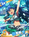  1girl ^_^ audience black_hair blush character_name closed_eyes ganaha_hibiki gloves glowstick idolmaster idolmaster_million_live! jewelry microphone midriff musical_note navel necklace open_mouth ponytail signature singing smile stage 
