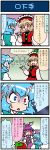  4koma :&lt; artist_self-insert bird_wings blue_hair closed_eyes comic crowd hat heterochromia highres juliet_sleeves light_brown_hair long_sleeves lyrica_prismriver mizuki_hitoshi mystia_lorelei open_mouth pink_hair puffy_sleeves real_life_insert red_eyes shirt shocked_eyes skirt smile sweat tatara_kogasa touhou translation_request vest wings 