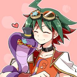  1boy bowtie choker closed_eyes cobra_(animal) collarbone duel_monster entermate_whip_viper forked_tongue goggles goggles_on_head green_hair hat heart jacket_on_shoulders lowres male multicolored_hair popoin redhead sakaki_yuuya smile snake t-shirt tongue top_hat yuu-gi-ou yuu-gi-ou_arc-v 