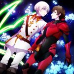  2boys belt blue_eyes blush boots brown_hair eye_contact flower holding_hands kakumeiki_valvrave l-elf looking_at_another military military_uniform multiple_boys open_mouth sana423 short_hair silver_hair sky smile spacesuit star_(sky) starry_sky tears tokishima_haruto uniform violet_eyes 
