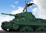  1girl anchovy boots carro_armato_p40 clouds drill_hair emblem food girls_und_panzer green_hair grin hand_on_hip jacket knee_boots long_hair long_sleeves looking_at_viewer military military_uniform military_vehicle osaka_kanagawa outdoors pants pizza red_eyes sky smile solo standing tank twin_drills twintails uniform v vehicle 