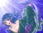  1girl bare_shoulders blue_hair breasts bubble cleavage collarbone dutch_angle head_fins japanese_clothes kimono light_rays looking_at_viewer mayoln mermaid monster_girl obi off_shoulder open_mouth sash smile solo sunbeam sunlight touhou underwater violet_eyes wakasagihime 