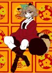  1girl animal_ears black_legwear brown_hair futatsuiwa_mamizou glasses grin japanese_clothes kneehighs leaf leaf_on_head orange_eyes raccoon_ears raccoon_tail shimana_(cs-ts-az) sitting smile tail touhou 