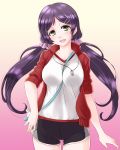  1girl artist_request breasts buruma green_eyes gym_uniform hair_ornament hairclip long_hair love_live!_school_idol_project open_mouth purple_hair smile solo toujou_nozomi twintails whistle 