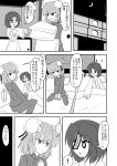  2girls blush building comic crescent_moon fang futon hair_bun highres ibaraki_kasen indozou miyako_yoshika moon multiple_girls ofuda outstretched_arms pajamas touhou translation_request zombie_pose 