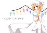  1girl alternate_costume arms_behind_back asymmetrical_hair asymmetrical_wings blonde_hair breasts cleavage dress elbow_gloves flandre_scarlet gloves hair_ribbon hasu_(velicia) lipstick long_dress looking_at_viewer makeup mob_cap parted_lips red_eyes ribbon side_ponytail slit_pupils solo thigh-highs touhou white_dress white_legwear wings 