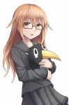  1girl bird blouse brown_eyes brown_hair glasses kantai_collection long_hair mochizuki_(kantai_collection) open_mouth penguin school_uniform serafuku skirt yuyuzuki_(yume_usagi) 