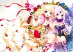  2girls :d ahoge artist_name blonde_hair blue_eyes blue_rose blush braid breasts choker cleavage corset double_bun dress feathers flower holding_hands interlocked_fingers jewelry long_hair looking_at_viewer multiple_girls myoya open_mouth original pendant petals purple_hair red_rose ribbon rose silhouette sitting smile sparkle violet_eyes white_wings wings 