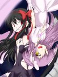  2girls :d akemi_homura akuma_homura argyle argyle_legwear bare_shoulders black_gloves black_hair bow choker dress elbow_gloves feathered_wings gloves goddess_madoka hair_bow kaname_madoka long_hair looking_at_another looking_at_viewer mahou_shoujo_madoka_magica mahou_shoujo_madoka_magica_movie multiple_girls open_mouth pink_hair red_eyes smile space spoilers thigh-highs tubaki_127 two_side_up upside-down white_dress white_gloves wings yellow_eyes zettai_ryouiki 