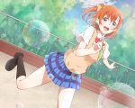  1girl :d blue_eyes brown_hair bubble dutch_angle haine highres kousaka_honoka looking_at_viewer love_live!_school_idol_project open_mouth pleated_skirt school_uniform short_hair side_ponytail skirt smile solo 
