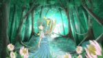  1girl :o aqua_eyes bow daiyousei dress fairy fairy_wings flower forest green_hair hair_bow looking_at_viewer looking_back nature open_mouth ponytail satotti solo touhou tree tree_shade wings 