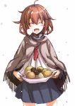  1girl blush brown_hair closed_eyes facing_viewer ikazuchi_(kantai_collection) kantai_collection kuronuko_neero open_mouth simple_background skirt skirt_basket smile solo white_background 