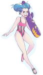  1girl alternate_hair_length alternate_hairstyle bandaid bandaid_on_nose blue_hair braid double_bun g138 grin jinx_(league_of_legends) league_of_legends long_hair missile one-piece_swimsuit pink_eyes sandals short_hair smile solo swimsuit twin_braids updo 