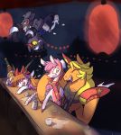  alcohol animalization bar blonde_hair bottle closed_eyes deer flying_sweatdrops goat grin horn horn_ribbon horns hoshiguma_yuugi ibaraki_kasen ibuki_suika kijin_seija lantern modern-warmare multicolored_hair my_little_pony my_little_pony_friendship_is_magic no_humans open_mouth orange_hair paper_lantern pink_hair pony ribbon sakazuki sake smile touhou upside-down wavy_mouth 