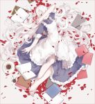  1girl barefoot book dress kagerou_project kozakura_mary long_hair nine_(liuyuhao1992) petals red_eyes silver_hair 