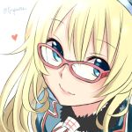  1girl artist_name atago_(kantai_collection) bespectacled blonde_hair blue_eyes face glasses hat heart kantai_collection light_smile long_hair natsupa pink-framed_glasses solo 