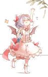  1girl 60mai arm_up bat_wings blush bow branch closed_eyes frilled_skirt frills hat hat_bow leaf mob_cap no_shoes puffy_sleeves purple_hair remilia_scarlet ribbon shirt short_hair short_sleeves simple_background skirt skirt_set socks solo standing_on_one_leg tears text touhou trembling vest white_background white_legwear wings 