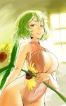  1girl arm_behind_back breast_rest breasts cleavage colored_eyelashes floral_print flower front_zipper_swimsuit green_hair highres hips holding holding_flower kazami_yuuka large_breasts lips looking_at_viewer looking_down mound_of_venus one-piece_swimsuit red_eyes short_hair sinzan slit_pupils smile solo sunflower sunlight swimsuit teeth thighs touhou window 
