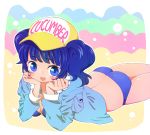  1girl bikini_bottom bikini_top blue_eyes blue_hair blush clothes_writing eyelashes hands_on_own_cheeks hands_on_own_face hat highres kawashiro_nitori key looking_at_viewer lying open_mouth pentagon pocket shirt short_twintails smile solo swimsuit touhou twintails 