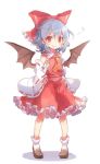  1girl 60mai ascot bat_wings blue_hair blush bow cosplay detached_sleeves fang frilled_skirt frills hair_bow hair_ornament hair_tubes hakurei_reimu hakurei_reimu_(cosplay) hand_on_hip japanese_clothes long_sleeves looking_at_viewer midriff miko red_eyes remilia_scarlet sarashi shirt shoes short_hair simple_background skirt skirt_set smile socks solo touhou vest white_background white_legwear wide_sleeves wings 