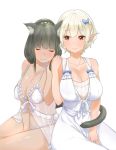  2girls animal_ears babydoll black_hair blonde_hair bow breasts cat_ears cat_tail cleavage closed_eyes hair_bow highres holding_hands lace_panties large_breasts light_smile long_hair multiple_girls nightgown original panties pointy_ears red_eyes short_hair simple_background sitting string_panties tail underwear white_background white_panties yaman_(yamanta_lov) 