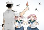  1boy 1girl admiral_(kantai_collection) badge food fruit gradient gradient_background hair_bobbles hair_ornament kantai_collection naval_uniform open_mouth pink_eyes pink_hair popsicle sazanami_(kantai_collection) school_uniform serafuku short_hair short_sleeves simple_background skirt suzuka_(rekkyo) twintails watermelon white_background 
