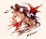  1girl blonde_hair blood blood_on_face checkered face flandre_scarlet flower hat kozou_(soumuden) mob_cap ponytail portrait profile red_eyes side_ponytail simple_background solo touhou 
