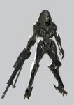  claws grey_background gun highres hood no_humans original pump_(artist) reverse_jointed_legs rifle robot simple_background solo tagme weapon 